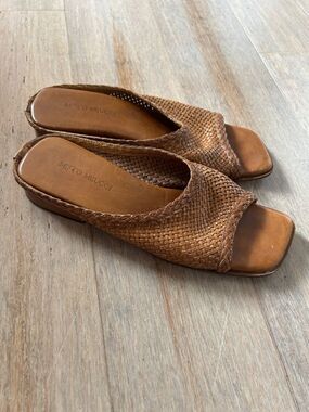 Sesto Meucci Brown Woven Leather Slides Mules made in Italy sz 6.5 leather sole